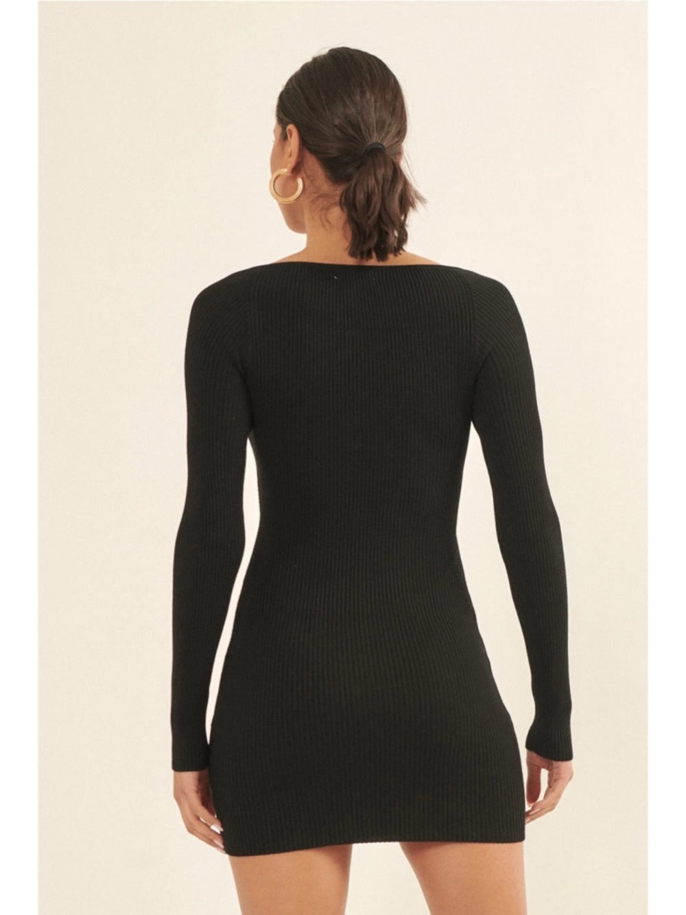 Sz M Promesa Sleek Black Ribbed Stretch Knit Cutout Long Sleeve Mini Dress NWT - Picture 8 of 8